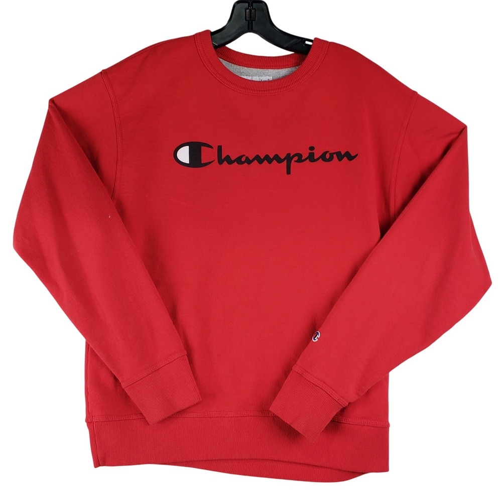 Champion GF88H 2WC Sweatshirt Mens M Red Script Logo Crewneck Fleece Pullover LS
